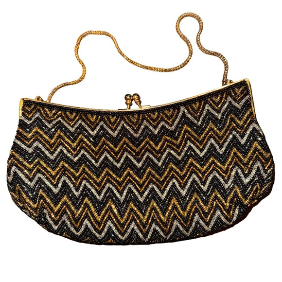 Vintage Beaded Elegant Black and Gold Chevron Clutch - Picture 4 of 4